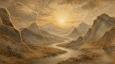 a vast valley with a river winding toward distant mountains at sunrise, no people, no text