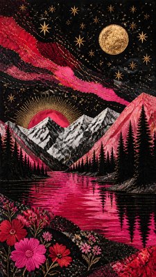 a tranquil mountain lake beneath a starry night sky, no people, no text