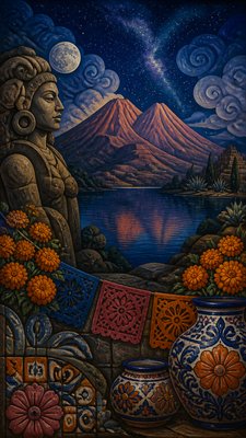a tranquil mountain lake beneath a starry night sky, no people, no text