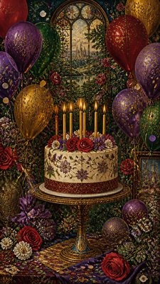 a birthday cake with lit candles surrounded by balloons and confetti, festive vertical composition, no text