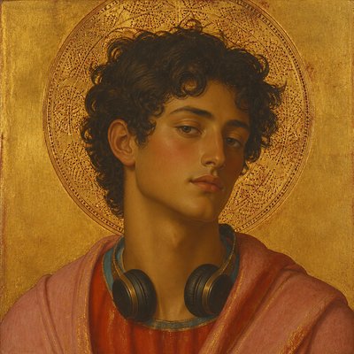 head-and-shoulders portrait of an original character: a young man with curly dark hair and headphones around his neck, plain backdrop, no text