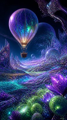 a hot air balloon drifting over rolling flower fields on a sunny day, cheerful, no text