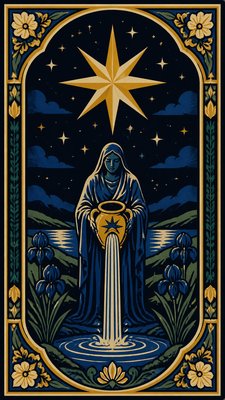 a robed figure pouring water beneath a large eight-pointed star in a night sky, symmetrical composition with an ornate decorative border, no text