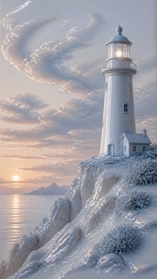 a lone lighthouse on a cliff at dusk under a dramatic sky, no text or lettering