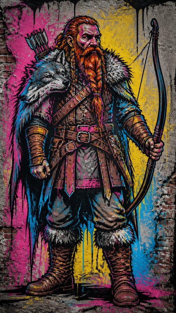 full-body original character: a dwarven ranger with a braided auburn beard, worn leather armor, a longbow and a wolf-pelt cloak, neutral background, no text
