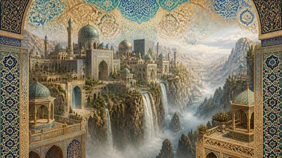 a cliffside city with waterfalls cascading into a misty canyon, wide establishing shot, no people, no text