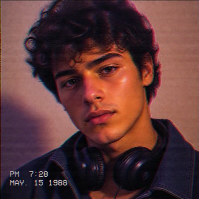 head-and-shoulders portrait of an original character: a young man with curly dark hair and headphones around his neck, plain backdrop, no text