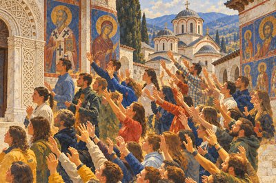 a painting of a crowd of people in front of a church