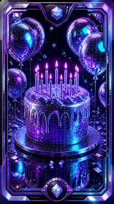 a birthday cake with lit candles surrounded by balloons and confetti, festive vertical composition, no text
