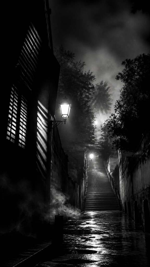 a mysterious forest path with fireflies and drifting mist, atmospheric vertical composition with open space at the top, no text