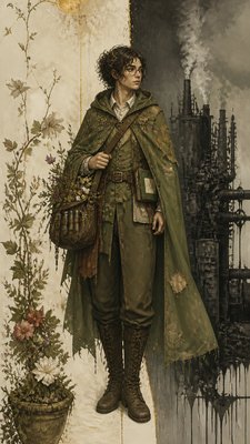 full-body original character: a wandering botanist with a satchel of plants, a patched green cloak, tall boots and round glasses, neutral background