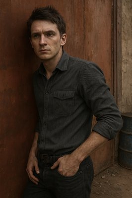 a man leaning against a wall with his hands in his pockets