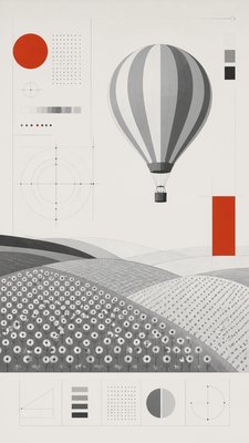a hot air balloon drifting over rolling flower fields on a sunny day, cheerful, no text
