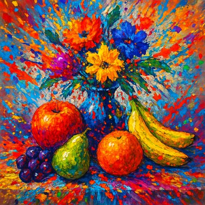 still life arrangement of fruits and flowers
