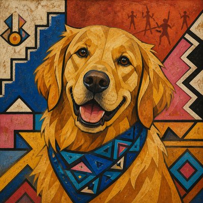 portrait of a golden retriever wearing a blue bandana, warm plain backdrop, no text