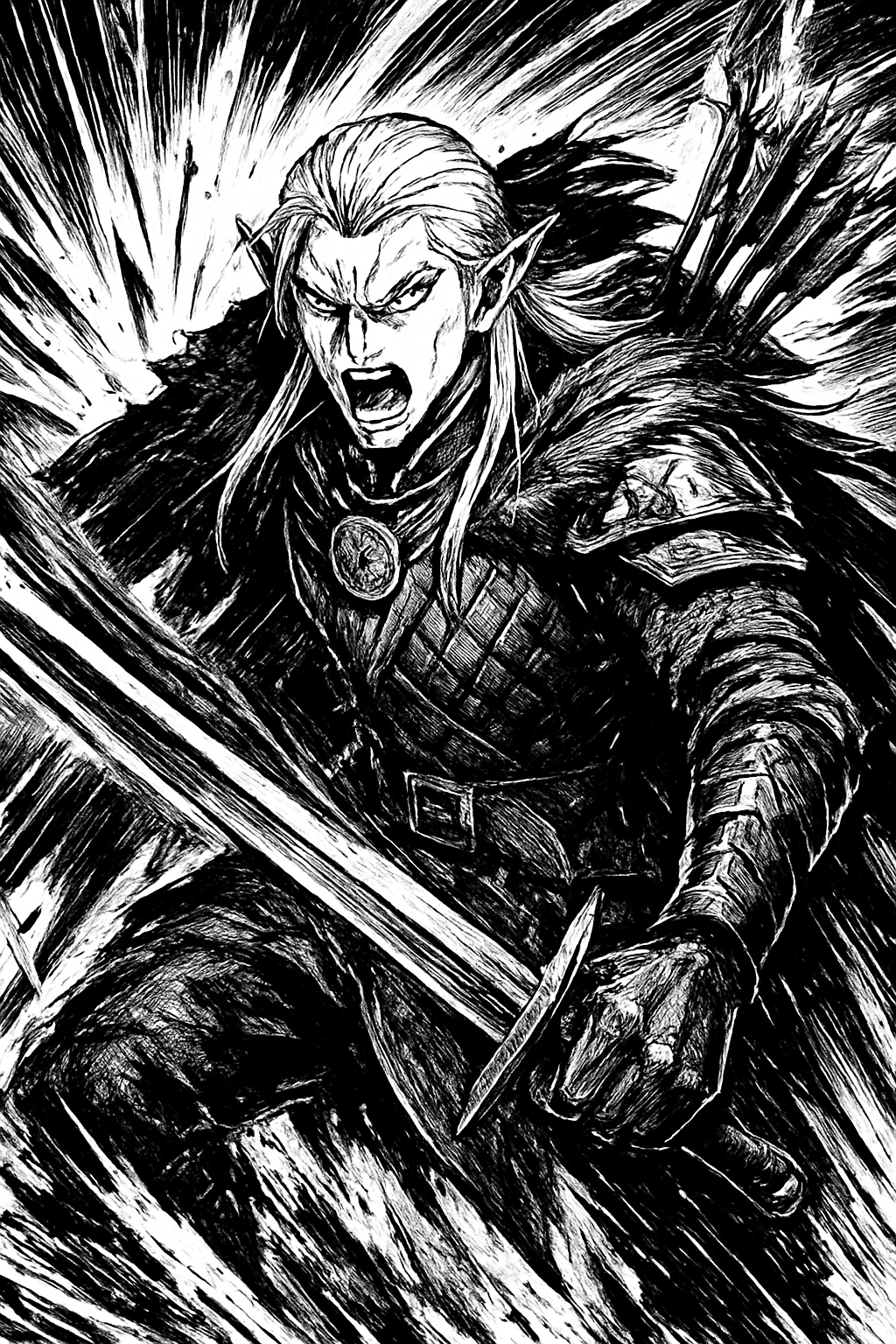 a black and white drawing of a man holding a sword