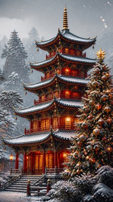 a snow-covered cottage with warm glowing windows beside a decorated pine tree, gentle snowfall, no text