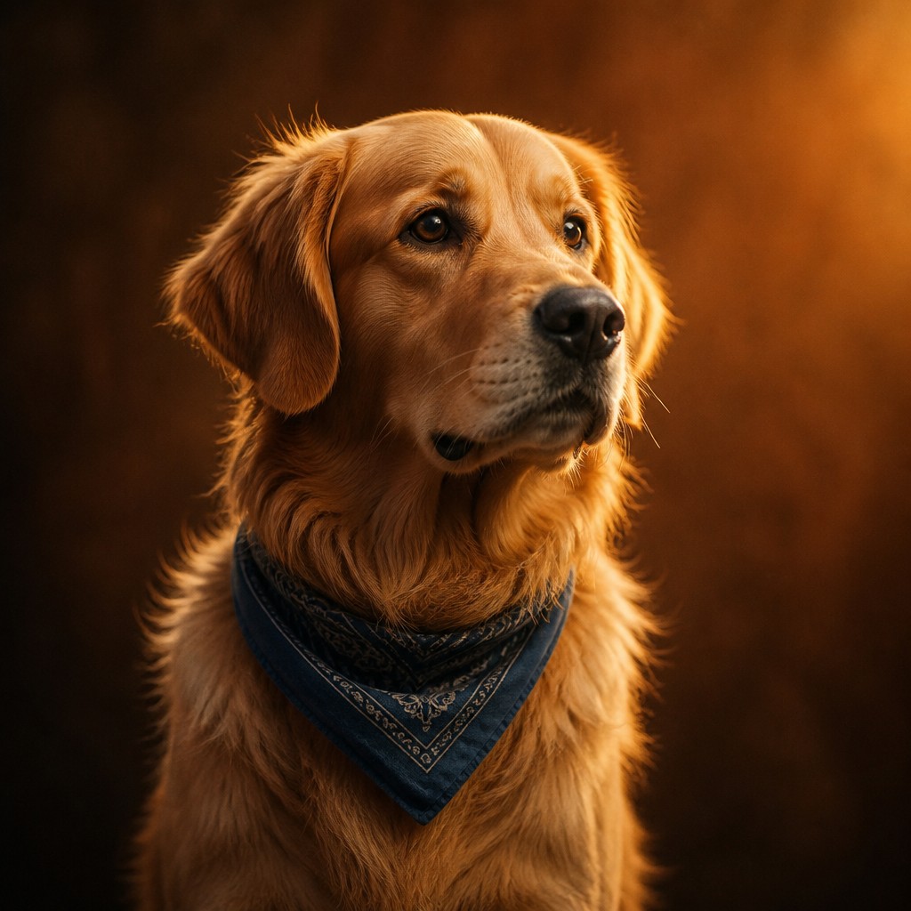 portrait of a golden retriever wearing a blue bandana, warm plain backdrop, no text