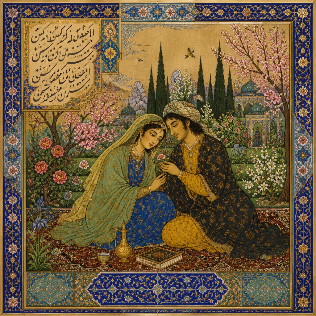 portrait of two people together — Persian Art Style