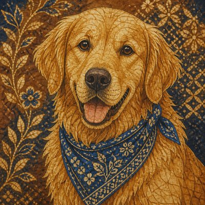 portrait of a golden retriever wearing a blue bandana, warm plain backdrop, no text