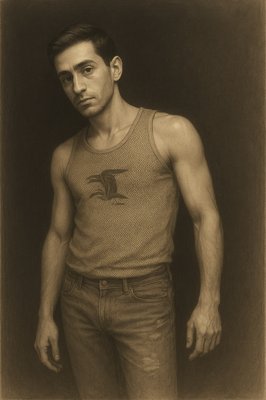 a black and white photo of a man in a tank top