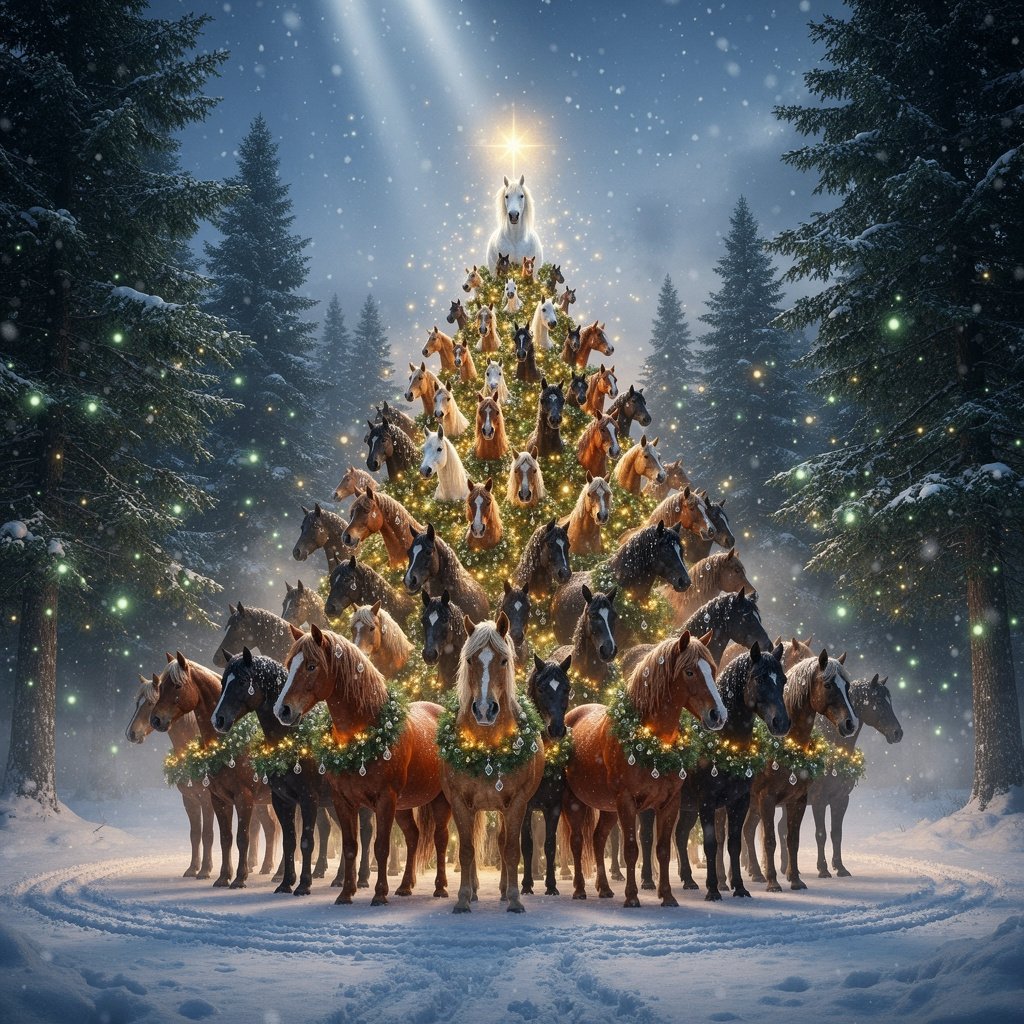 A breathtaking forest clearing at winter twilight, filled with deep emerald pines and soft ambient mist. At the center of the scene stands an extraordinary Christmas tree—its entire form cleverly created by living horses. Dozens of horses of various sizes and colors stand arranged in a perfect triangular formation from wide base to narrow peak, their bodies forming the layered silhouette of a lush holiday tree. Each horse is positioned with elegant precision so their necks, flowing manes, and arched backs mimic the contours of branches. The base layer features large, sturdy draft horses, chestnuts and bays, standing shoulder to shoulder like the lower boughs. Mid-levels transition to sleek Arabians, palominos, and black stallions, their manes fanned outward like sweeping tree limbs. Near the top, smaller ponies and miniature horses form the upper taper, culminating in a single snow-white miniature horse standing proudly at the peak, glowing with soft magical light like a star.

The horses are adorned with delicate festive accents: strands of golden fairy lights draped across their bodies, pine-needle wreath garlands resting on their necks, tiny crystal ornaments clipped lightly to their manes, and subtle silvery frost sparkling on their coats. Each horse’s breath forms soft clouds in the chilly air. Snow gently falls through shafts of moonlight filtering between towering firs. The forest floor is blanketed with untouched white snow, except for the circle of hoofprints surrounding the living tree. Fireflies and bioluminescent particles drift among the trees, adding a mystical glow. Mood is grand, magical, cinematic, hyper-realistic with extreme detail, crisp textures of fur, snow, and pine, volumetric lighting, dramatic shadows, ultra-high resolution, enchanted winter atmosphere.

Camera & Style cues:
– Wide-angle lens, low camera angle looking slightly upward
– Cinematic depth of field
– Hyper-detailed photorealism
– Soft moonlit color palette with warm golden highlights
– 8K clarity, high dynamic range, deep contrast
– Slight ethereal glow for a magical holiday feel