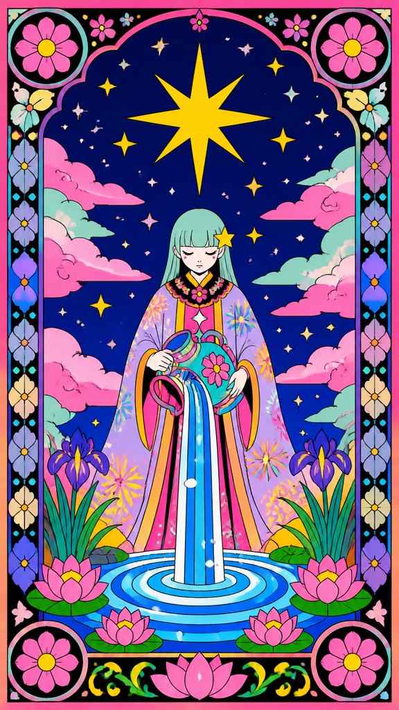 a robed figure pouring water beneath a large eight-pointed star in a night sky, symmetrical composition with an ornate decorative border, no text