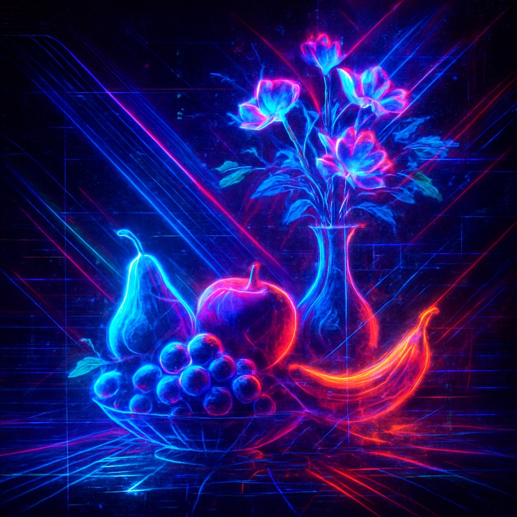 still life arrangement of fruits and flowers