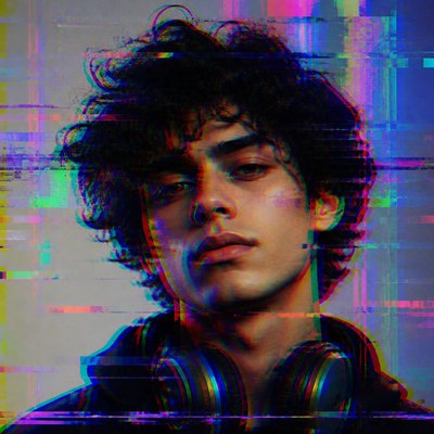 head-and-shoulders portrait of an original character: a young man with curly dark hair and headphones around his neck, plain backdrop, no text