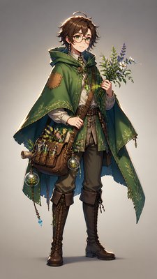 full-body original character: a wandering botanist with a satchel of plants, a patched green cloak, tall boots and round glasses, neutral background