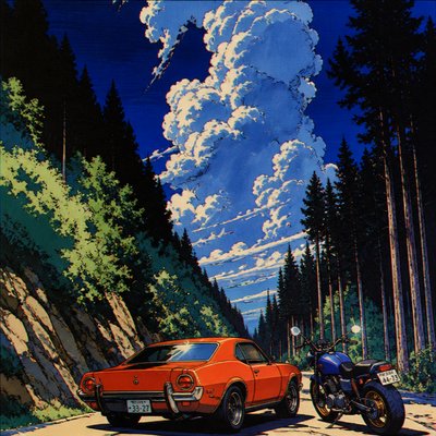 a painting of a car and a motorcycle on a road