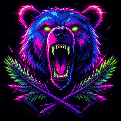 a roaring bear head above crossed pine branches, bold graphic composition on a plain background, no text