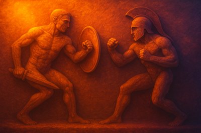 a painting of two men fighting in front of a mirror