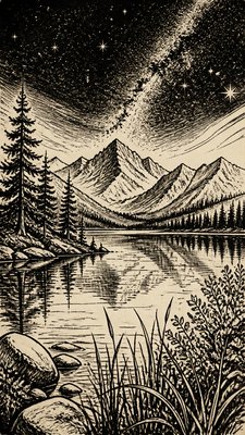 a tranquil mountain lake beneath a starry night sky, no people, no text