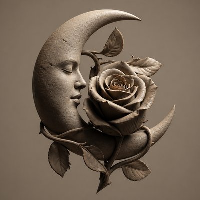 a rose entwined with a crescent moon, clean balanced composition on a plain background, no text