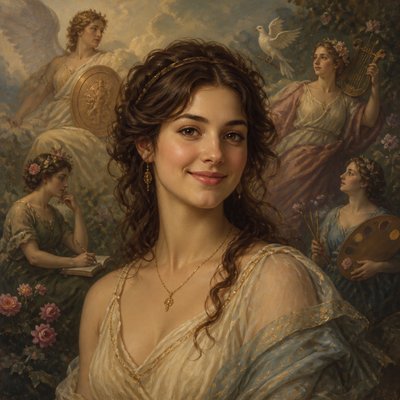 head-and-shoulders portrait of an original character: a young woman with wavy chestnut hair and a warm smile, plain soft backdrop