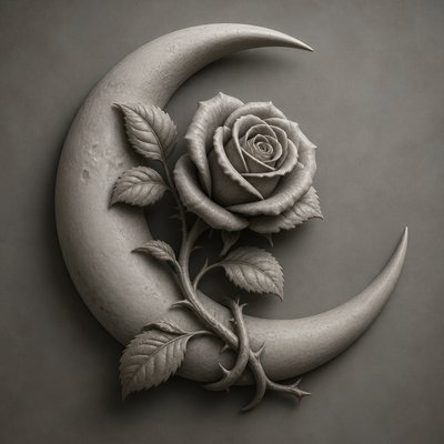 a rose entwined with a crescent moon, clean balanced composition on a plain background, no text
