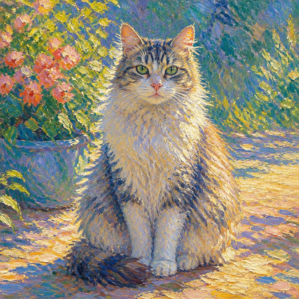 a fluffy cat sitting upright, looking at the viewer