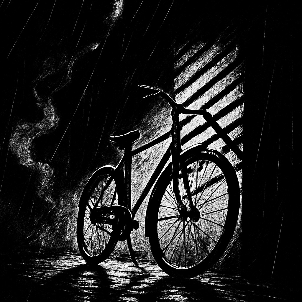 bicyle resting against a wall