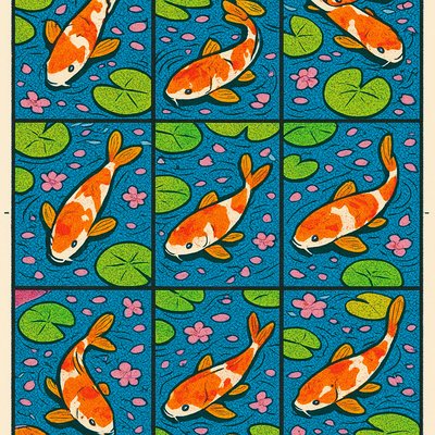 A koi pond seen from above, orange and white koi fish swimming among lily pads, clear water with subtle ripples, fallen cherry blossom petals floating on the surface, dappled sunlight