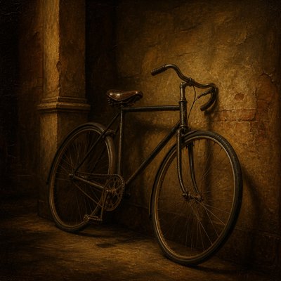 bicyle resting against a wall
