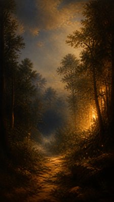 a mysterious forest path with fireflies and drifting mist, atmospheric vertical composition with open space at the top, no text