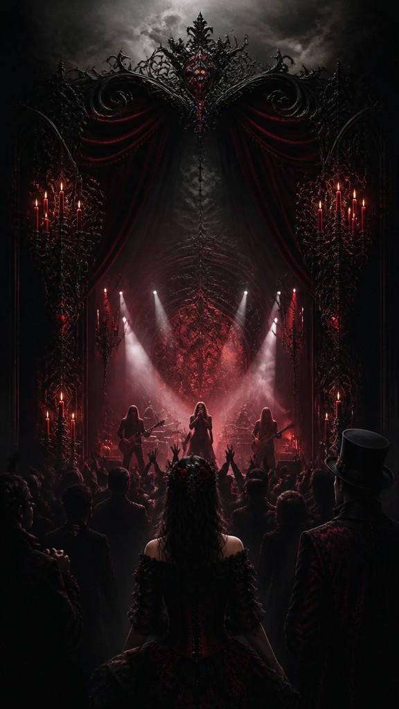 a live music scene with a glowing stage and silhouetted crowd, energetic vertical composition with open space at the top, no text