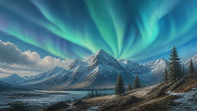 a flowing aurora over snowy peaks, wide sweeping composition, no people, no text