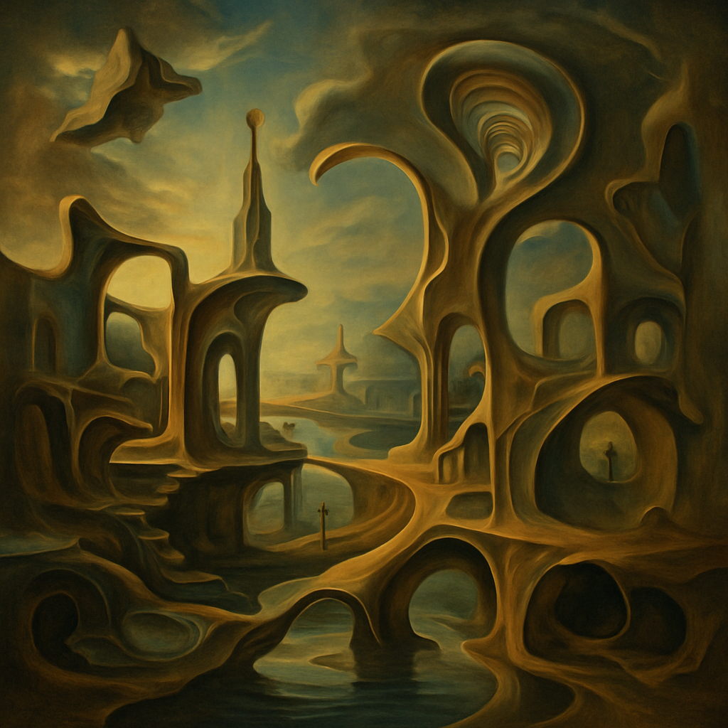 Dreamlike landscape with impossible perspectives in the art style of Surrealism