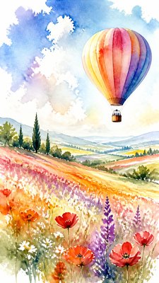 a hot air balloon drifting over rolling flower fields on a sunny day, cheerful, no text
