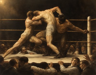 a painting of two men wrestling in a ring