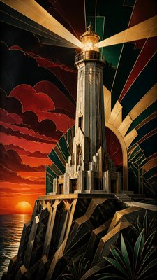 a lone lighthouse on a cliff at dusk under a dramatic sky, no text or lettering