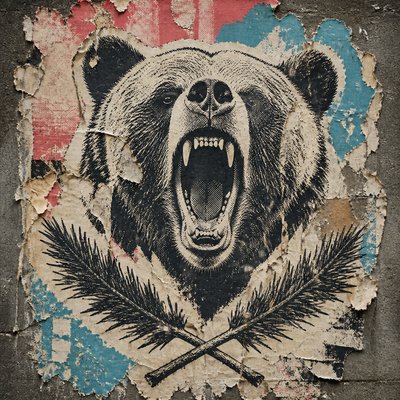 a roaring bear head above crossed pine branches, bold graphic composition on a plain background, no text