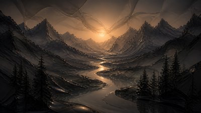 a vast valley with a river winding toward distant mountains at sunrise, no people, no text